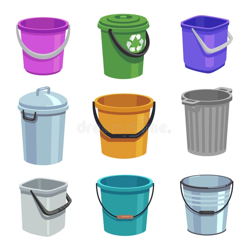 Grupo da cubeta e do balde Recipientes vazios com punho, escaninhos de lixo e cubetas com água Grupo isolado desenhos animados