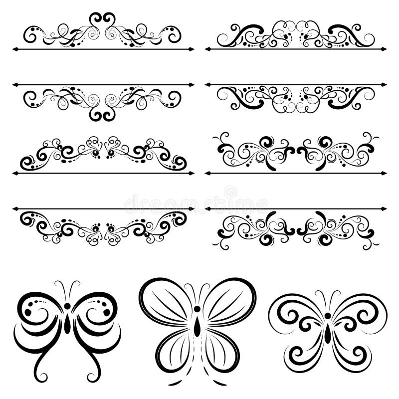 Grupo da ilustração do vetor de beira caligráfico e de divisores decorativos, redemoinho caligráfico ilustração royalty free Grupo da ilustração do vetor de beira caligráfico e de divisores decorativos, redemoinho caligráfico ilustração royalty free