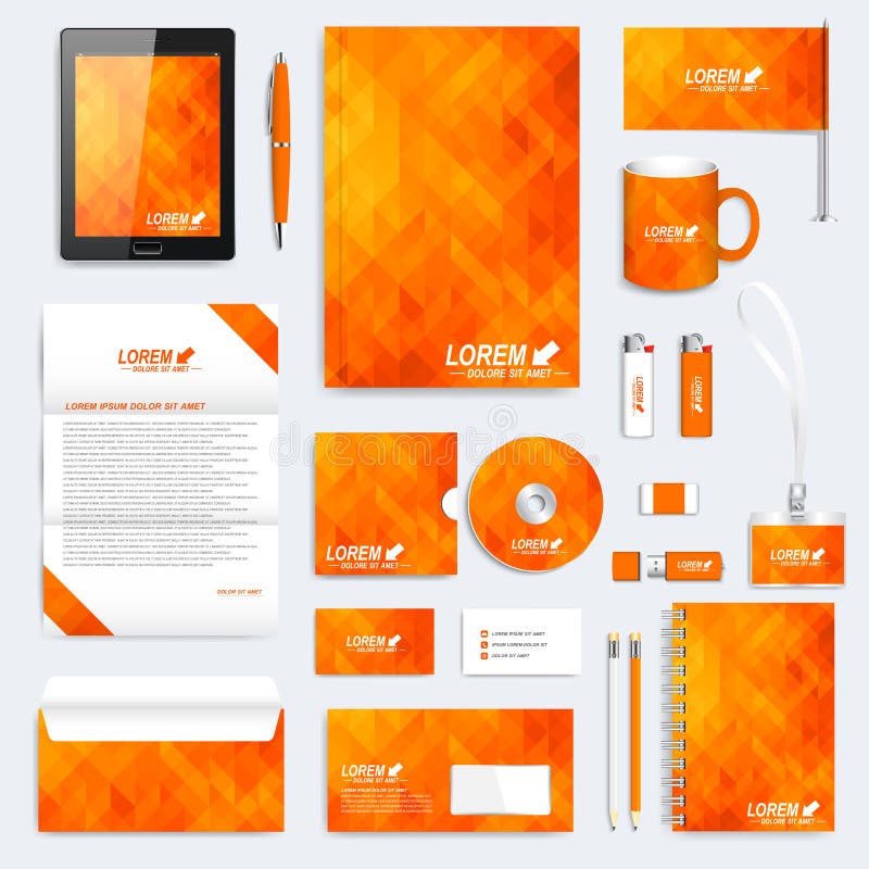 Grupo da laranja de molde da identidade corporativa do vetor Modelo moderno dos artigos de papelaria Fundo com triângulos alaranj ilustração stock Grupo da laranja de molde da identidade corporativa do vetor Modelo moderno dos artigos de papelaria Fundo com triângulos alaranj ilustração stock
