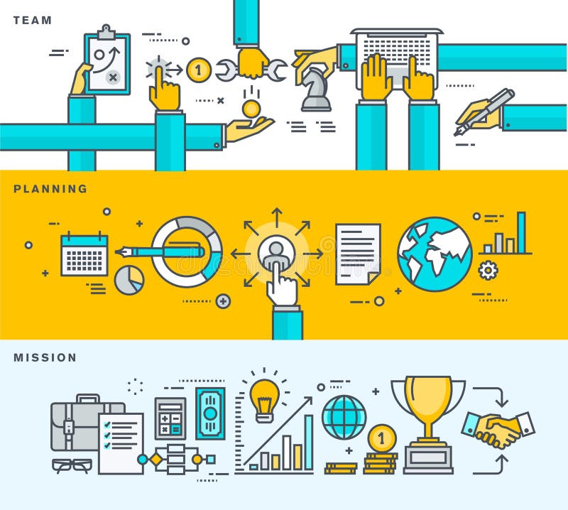 Grupo da linha fina bandeiras lisas do projeto para o negócio, perfil da empresa, gestão, trabalho da equipe, planeamento, missão ilustração stock Grupo da linha fina bandeiras lisas do projeto para o negócio, perfil da empresa, gestão, trabalho da equipe, planeamento, missão ilustração stock