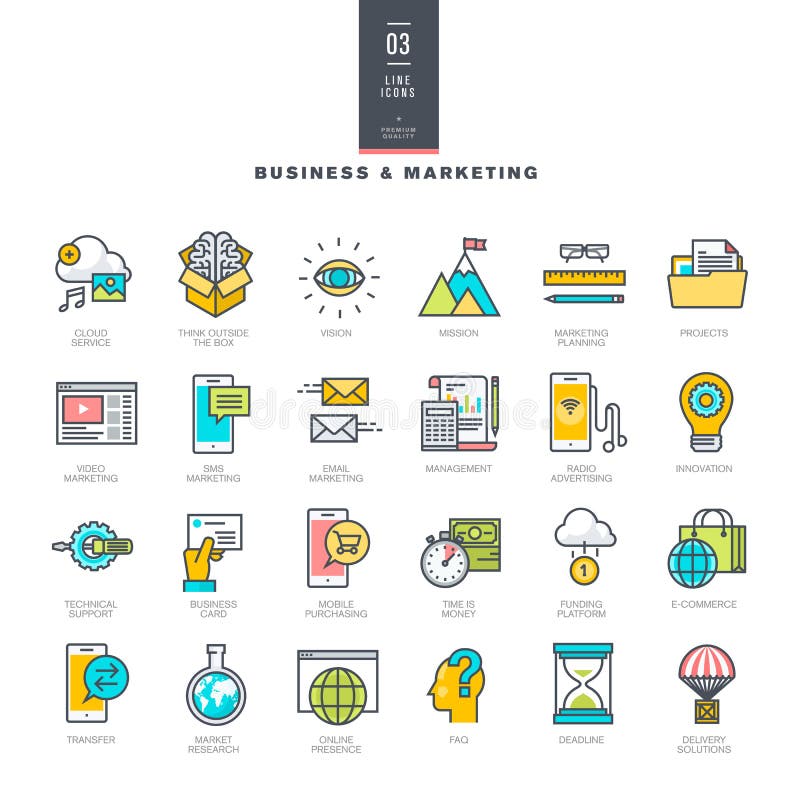 Grupo da linha ícones modernos da cor para o negócio e o mercado ilustração do vetor Grupo da linha ícones modernos da cor para o negócio e o mercado ilustração do vetor