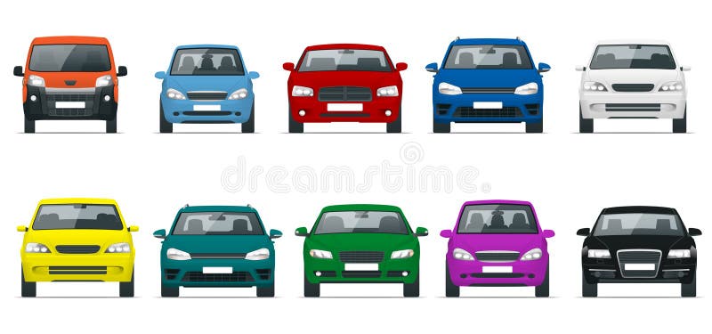 Grupo da opinião dianteira do carro Condução de veículos na cidade Vector a ilustração lisa do estilo isolada no fundo branco ilustração royalty free Grupo da opinião dianteira do carro Condução de veículos na cidade Vector a ilustração lisa do estilo isolada no fundo branco ilustração royalty free