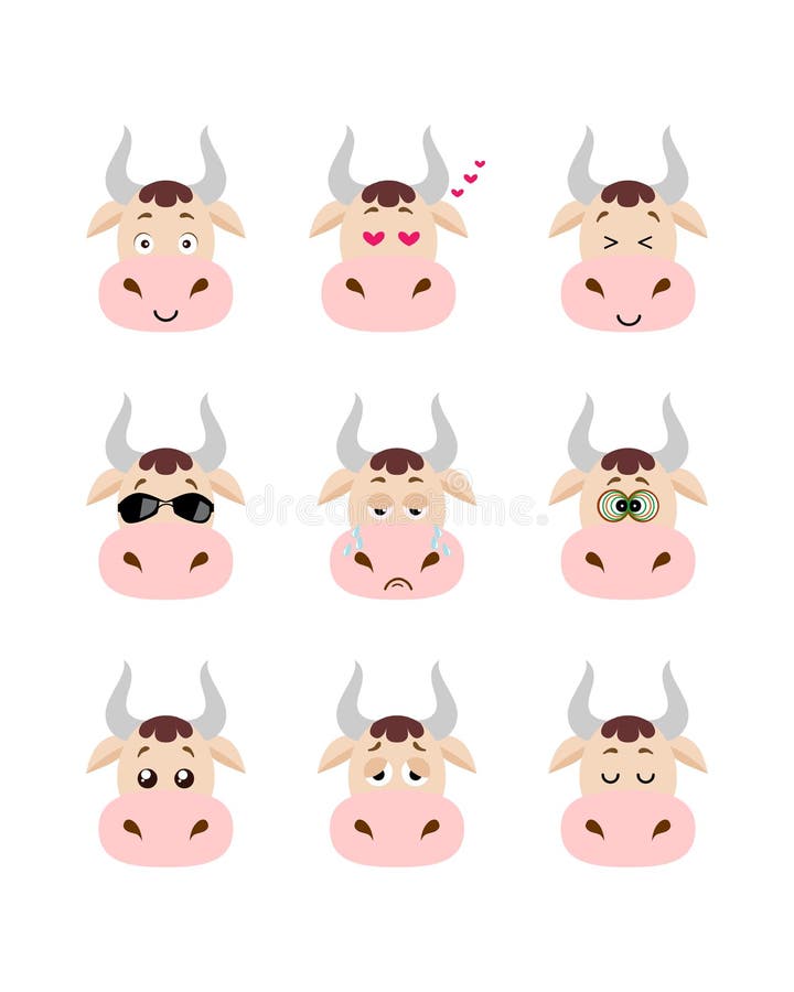 Arte de vetor de emoções de expressões de rosto de vaca