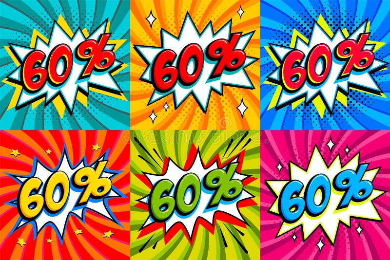 Grupo da venda Por cento 60 da venda sessenta fora das etiquetas em um fundo da forma do golpe do estilo da banda desenhada Promo ilustração stock Grupo da venda Por cento 60 da venda sessenta fora das etiquetas em um fundo da forma do golpe do estilo da banda desenhada Promo ilustração stock