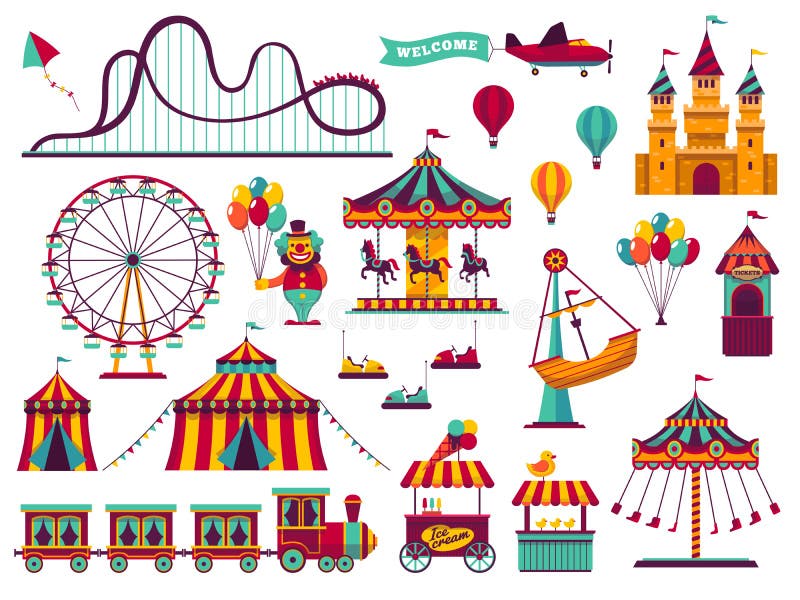 Amusement park attractions set. Carnival amuse kids carousels games fairground attraction play rollercoaster, flat vector illustration. Amusement park attractions set. Carnival amuse kids carousels games fairground attraction play rollercoaster, flat vector illustration