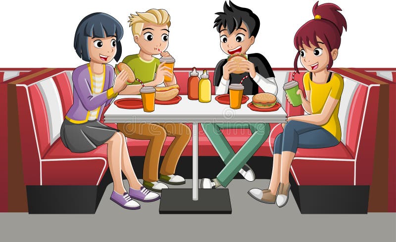 Grupo de adolescentes de la historieta que comen la comida basura en la mesa libre illustration
