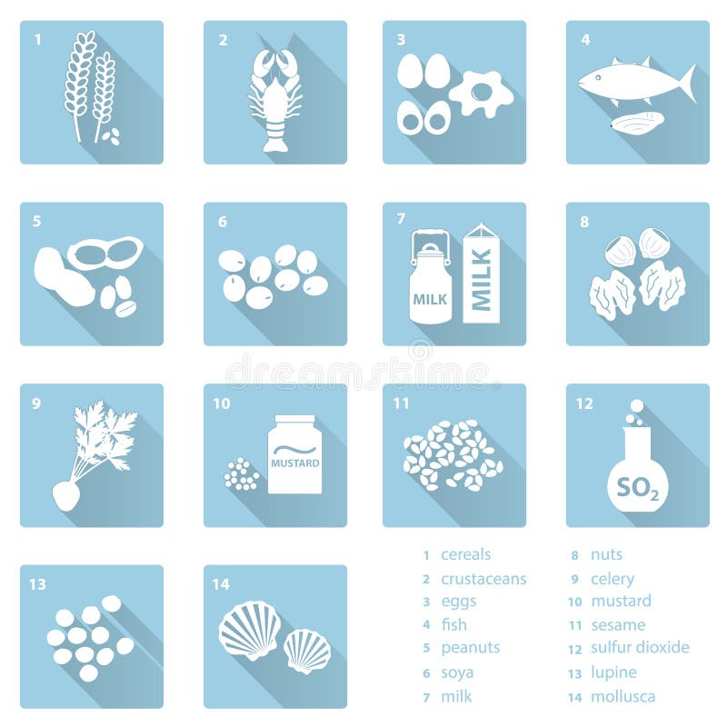 Grupo de alergens típicos do alimento para restaurantes e os ícones azuis lisos eps10 da refeição ilustração stock Grupo de alergens típicos do alimento para restaurantes e os ícones azuis lisos eps10 da refeição ilustração stock