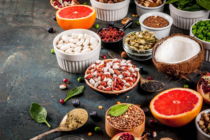 Grupo de alimento orgânico da dieta saudável, superfoods - feijões, leguminosa, n imagem de stock Grupo de alimento orgânico da dieta saudável, superfoods - feijões, leguminosa, n imagem de stock