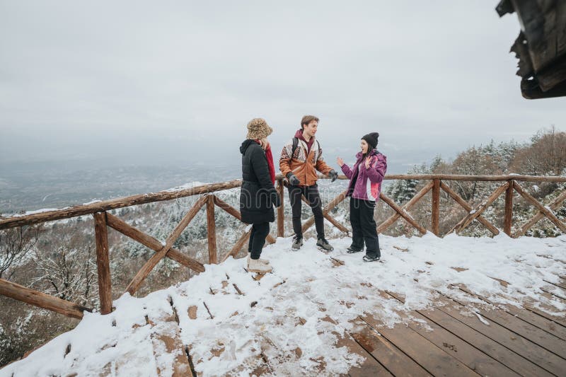 Grupo de amigos disfrutando el Día del Invierno en una plataforma de madera de nieve fotos de archivo libres de regalías