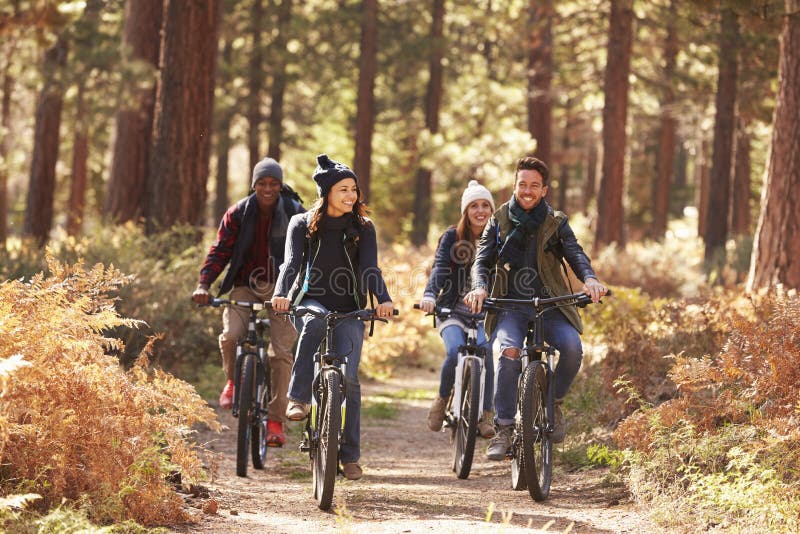 Grupo de amigos en las bicis en vista delantera del bosque imágenes de archivo libres de regalías Grupo de amigos en las bicis en vista delantera del bosque imágenes de archivo libres de regalías