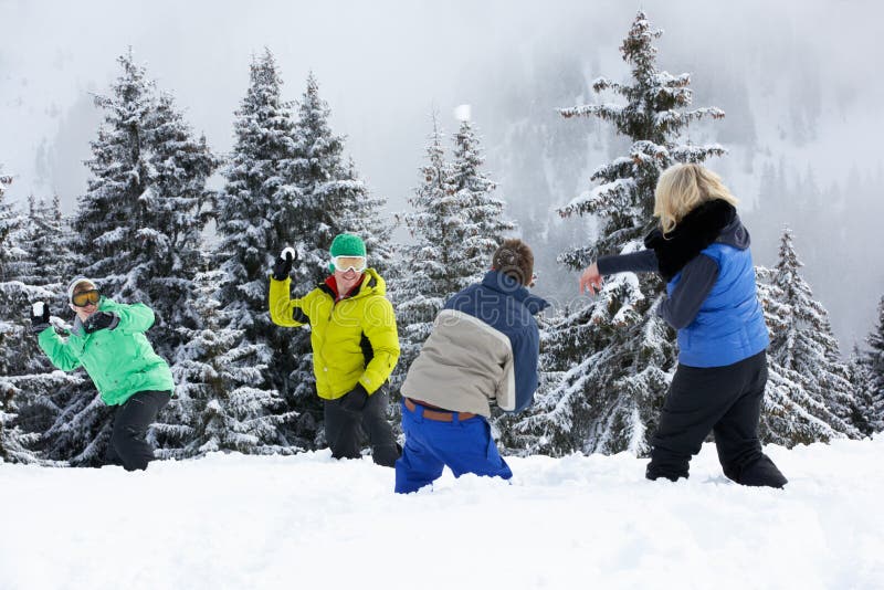 Grupo de amigos jovenes que tienen lucha de la bola de nieve imágenes de archivo libres de regalías Grupo de amigos jovenes que tienen lucha de la bola de nieve imágenes de archivo libres de regalías