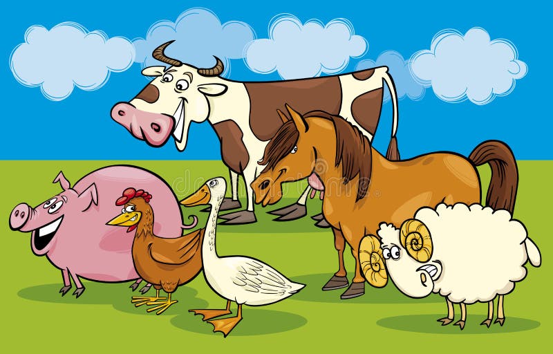 Cartoon illustration of funny farm animals group. Cartoon illustration of funny farm animals group