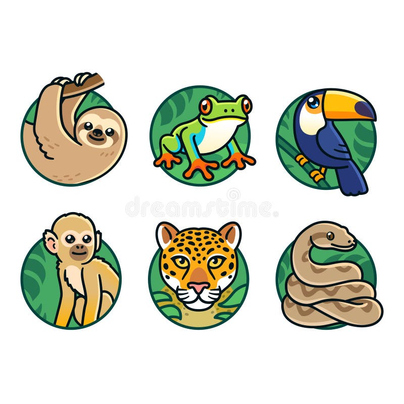 Grupo De Animales De La Selva Tropical Ilustración del Vector - Ilustración  de ecosistema, mono: 198652177