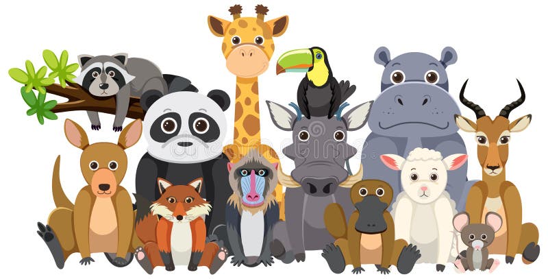  Grupo De Animales Zoológicos En Forma De Dibujos Animados Planos Ilustración del Vector