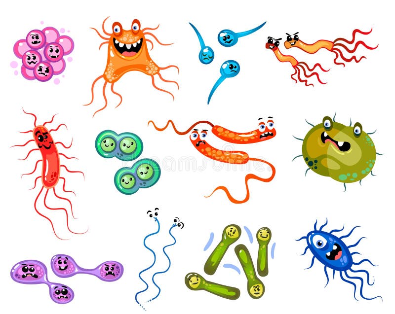 Grupo de backterias e de vírus dos desenhos animados isolados no fundo branco ilustração do vetor Grupo de backterias e de vírus dos desenhos animados isolados no fundo branco ilustração do vetor