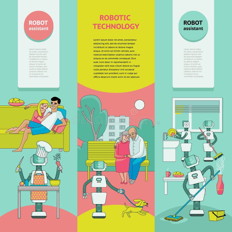 Grupo de bandeiras - os robôs livram povos dos trabalhos domésticos ilustração stock Grupo de bandeiras - os robôs livram povos dos trabalhos domésticos ilustração stock