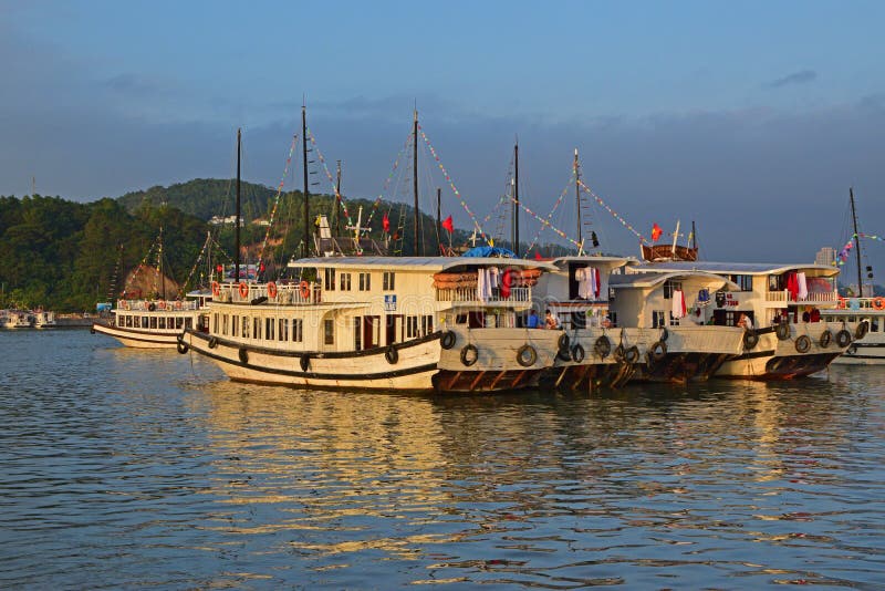 Grupo de barcos turísticos grandes de los desperdicios sin el muelle de la vela en la bahía de Halong fotografía de archivo Grupo de barcos turísticos grandes de los desperdicios sin el muelle de la vela en la bahía de Halong fotografía de archivo