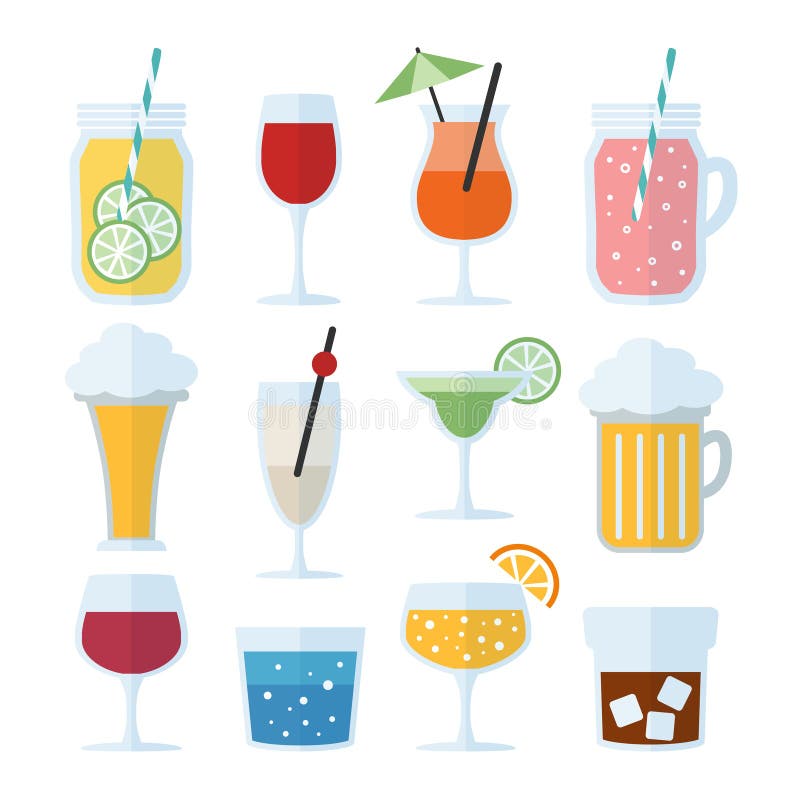 Grupo de bebidas alcoólicas, de vinho, de cerveja e de cocktail ícones do vetor, projeto liso ilustração do vetor Grupo de bebidas alcoólicas, de vinho, de cerveja e de cocktail ícones do vetor, projeto liso ilustração do vetor