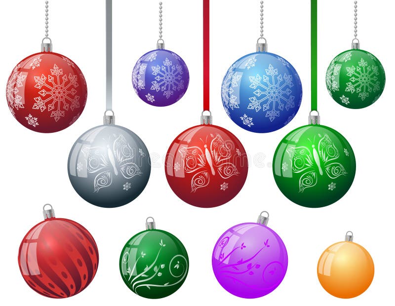 Grupo de bolas coloridas do ornamento do vetor da árvore de Natal com teste padrão decorativo abstrato floral da borboleta do flo ilustração stock Grupo de bolas coloridas do ornamento do vetor da árvore de Natal com teste padrão decorativo abstrato floral da borboleta do flo ilustração stock