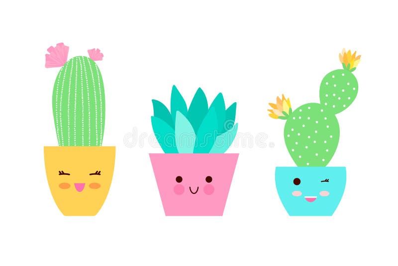 Grupo Bonito Do Kawaii Dos Desenhos Animados De Planta, De Plantas Carnudas  Do Cacto E De Flores Com Projeto Liso Das Caras Engra Ilustração Stock -  Ilustração de cactos, jogo: 102184516