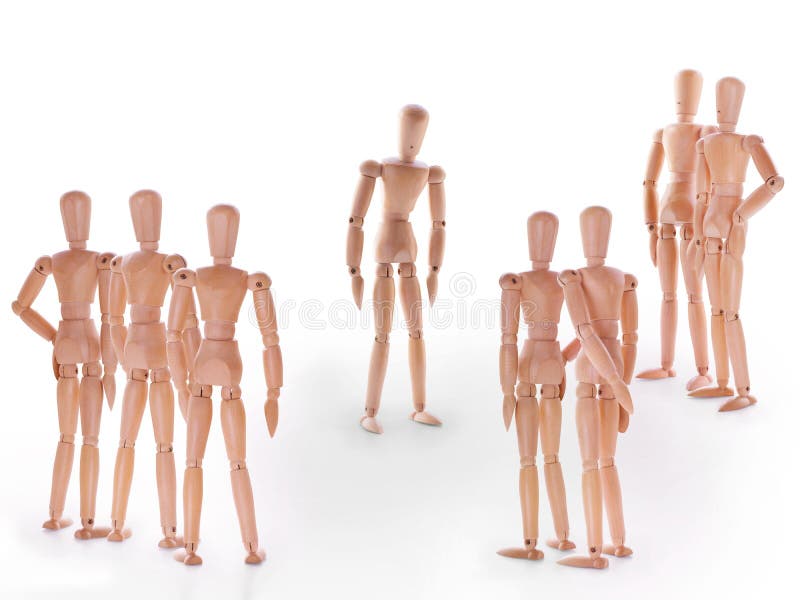 Scene with group of dummies, group of characters standing around one. Concept of accusation guilty person, bulling or outcast in the team. On white background. Scene with group of dummies, group of characters standing around one. Concept of accusation guilty person, bulling or outcast in the team. On white background