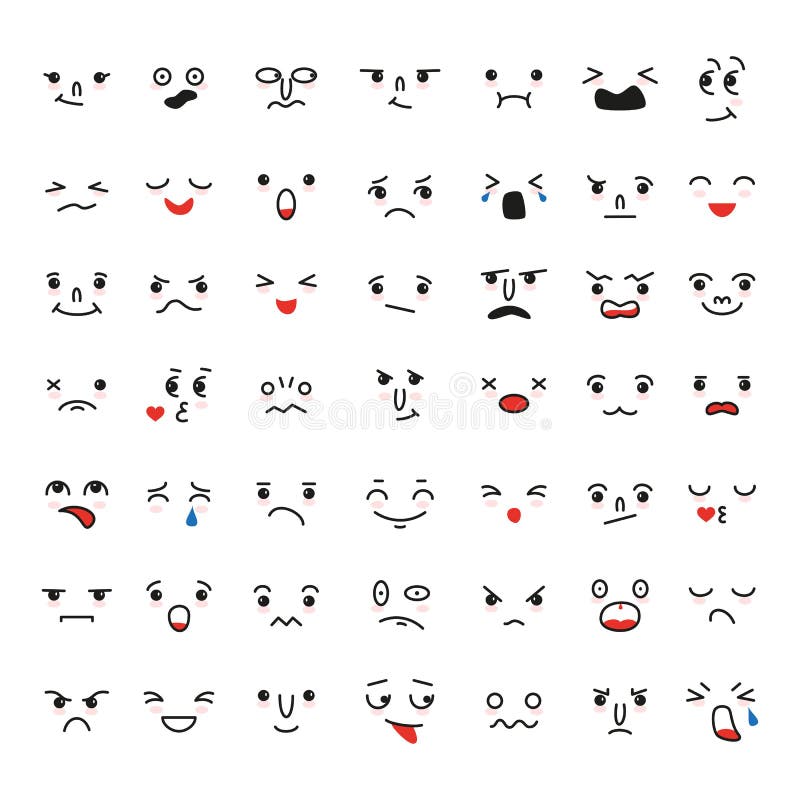 Rostos Kawaii Bela Animação Emocional Com Diferentes Emoções Enjoi Japonês  Engraçado Com Olhos E Boca, Expressões Cômicas Ilustração do Vetor -  Ilustração de retrato, sentimento: 159802829