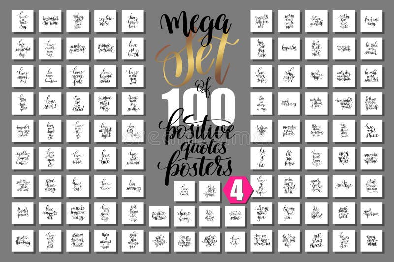 Mega set of 100 positive quotes posters about love and life, motivation and inspirational phrases to design, greeting card, printable wall art, calligraphy vector illustration big collection. Mega set of 100 positive quotes posters about love and life, motivation and inspirational phrases to design, greeting card, printable wall art, calligraphy vector illustration big collection