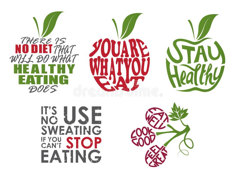 Set of quotes concerning health, diet, fitness, nutrition, with unusual letter shapes. Fruit shapes are used to make the signs more eye catching. Set of quotes concerning health, diet, fitness, nutrition, with unusual letter shapes. Fruit shapes are used to make the signs more eye catching.