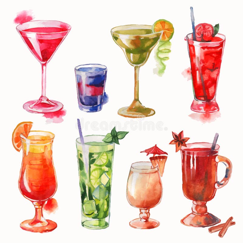 Grupo de cocktail da aquarela ilustração stock Grupo de cocktail da aquarela ilustração stock