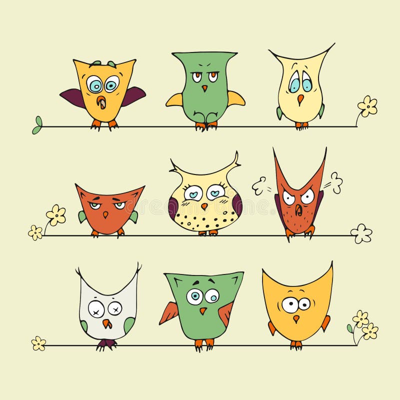 Grupo de corujas bonitos dos desenhos animados em um fundo amarelo ilustração stock Grupo de corujas bonitos dos desenhos animados em um fundo amarelo ilustração stock