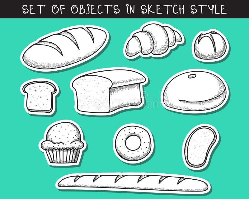 Grupo de cozimento do pão da garatuja de 10 etiquetas Baguette da garatuja ilustração do vetor Grupo de cozimento do pão da garatuja de 10 etiquetas Baguette da garatuja ilustração do vetor