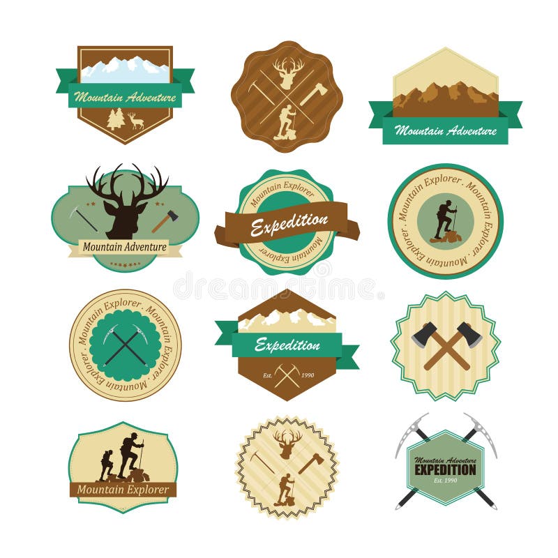 Grupo de crachás do acampamento das madeiras do vintage e de emblemas do curso ilustração stock Grupo de crachás do acampamento das madeiras do vintage e de emblemas do curso ilustração stock