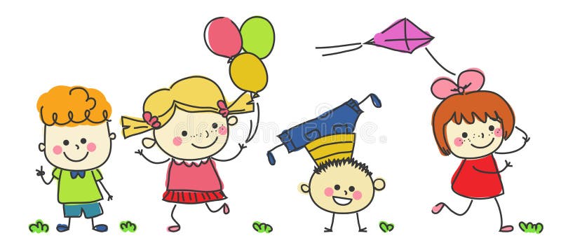 Grupo De Jogo Feliz Das Crianças Dos Desenhos Animados Do Desenho Da Mão  Ilustração Stock - Ilustração de felicidade, funcionamento: 64399016