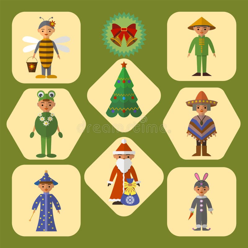 Grupo de crianças bonitos em trajes de disfarce, projeto liso do vetor ilustração stock Grupo de crianças bonitos em trajes de disfarce, projeto liso do vetor ilustração stock