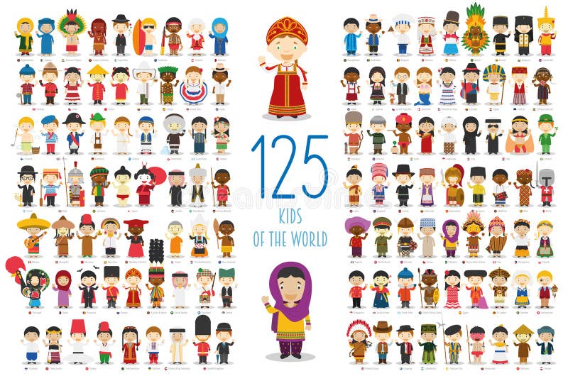 Grupo de 125 crianças de nacionalidades diferentes no estilo dos desenhos animados