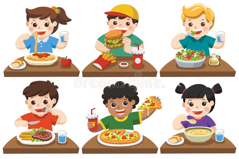 Grupo de crianças felizes que comem o alimento delicioso