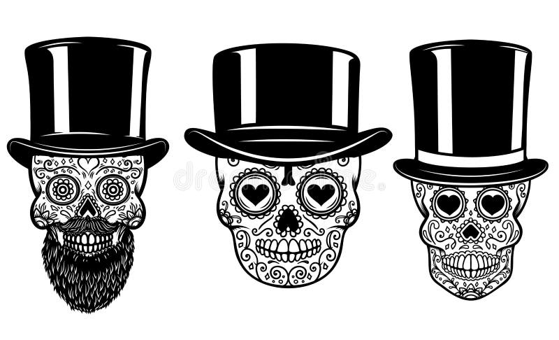 Grupo de crânio mexicano do açúcar no chapéu e nos óculos de sol do vintage Dia dos mortos Projete o elemento para o cartaz, cart
