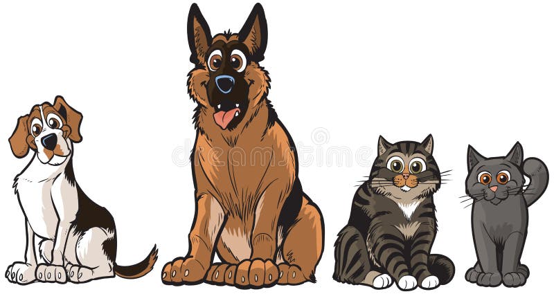 Grupo de cães e gato dos desenhos animados do vetor