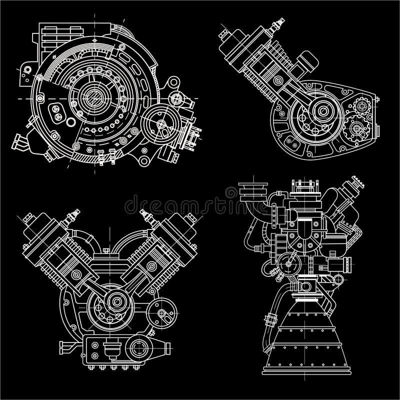 Um motor de combustão interna. O motor de desenho da máquina na seção,  ilustrando a estrutura interna - os cilindros, pistões, a vela de ignição.  Isolado sobre fundo branco . imagem vetorial