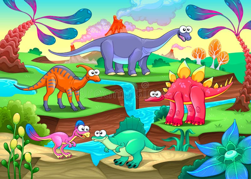Grupo de dinosaurios divertidos en un paisaje prehistórico ilustración del vector Grupo de dinosaurios divertidos en un paisaje prehistórico ilustración del vector