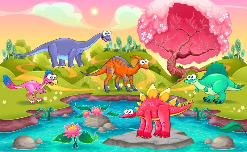 Grupo de dinossauros engraçados em uma paisagem natural ilustração do vetor Grupo de dinossauros engraçados em uma paisagem natural ilustração do vetor