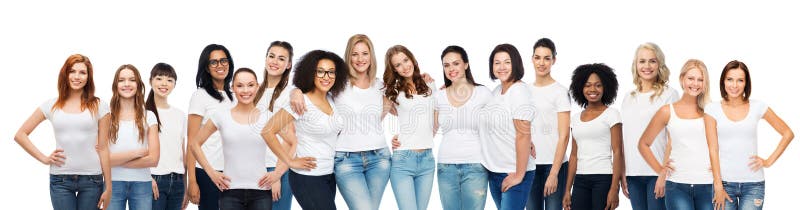 Friendship, diverse, body positive and people concept - group of happy different age and ethnicity women in white t-shirts hugging. Friendship, diverse, body positive and people concept - group of happy different age and ethnicity women in white t-shirts hugging