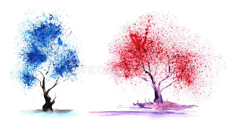 Grupo de dois elementos Cor-árvores abstratas com um azul magnífico e uma coroa vermelha ilustração royalty free Grupo de dois elementos Cor-árvores abstratas com um azul magnífico e uma coroa vermelha ilustração royalty free