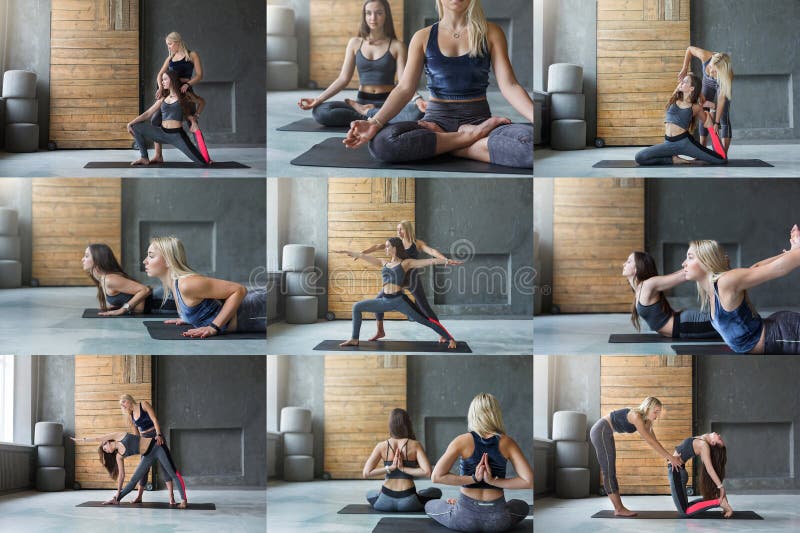 Grupo de duas jovens mulheres que praticam a ioga fotografia de stock