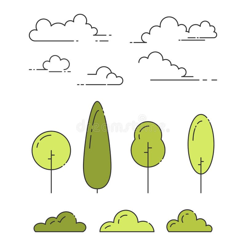 Grupo de elementos do parque natural de árvores, de arbustos e de nuvens na linha arte com o curso editável isolado no fundo bran ilustração royalty free Grupo de elementos do parque natural de árvores, de arbustos e de nuvens na linha arte com o curso editável isolado no fundo bran ilustração royalty free