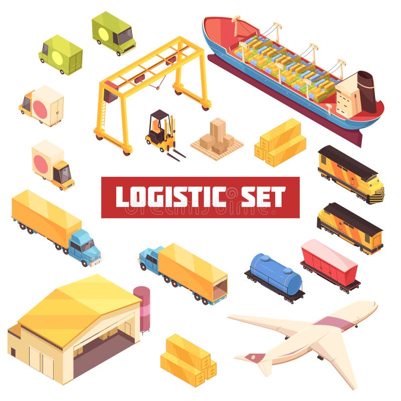 Grupo de elementos isométrico do transporte logístico ilustração stock Grupo de elementos isométrico do transporte logístico ilustração stock