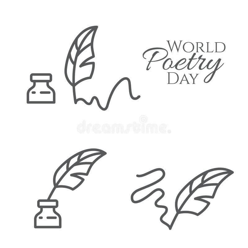 Grupo de elementos para a bandeira do dia de poesia de mundo com pena do esboço e o tinteiro isolado no fundo branco ilustração do vetor Grupo de elementos para a bandeira do dia de poesia de mundo com pena do esboço e o tinteiro isolado no fundo branco ilustração do vetor