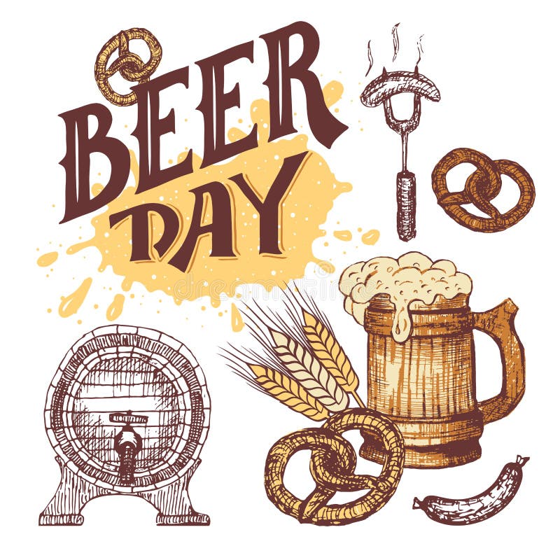 Grupo de elementos tirado mão do dia da cerveja no estilo do esboço ilustração do vetor Grupo de elementos tirado mão do dia da cerveja no estilo do esboço ilustração do vetor