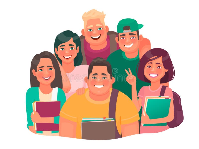Grupo de estudiantes. Niños y niñas vestidos con ropa informal. Retrato de adolescentes felices que estudian en la universidad stock de ilustración Grupo de estudiantes. Niños y niñas vestidos con ropa informal. Retrato de adolescentes felices que estudian en la universidad stock de ilustración