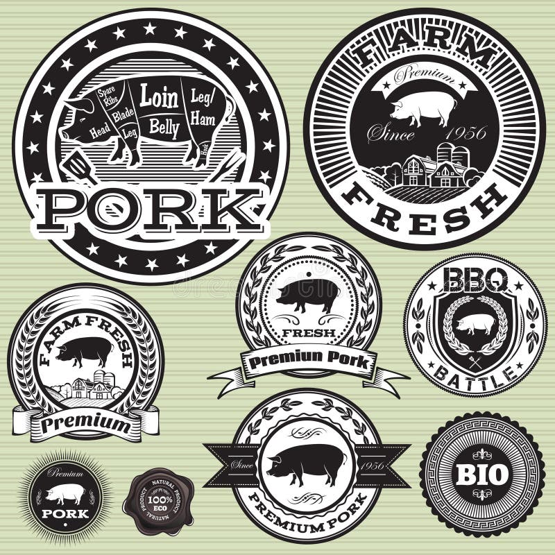 Vector set of labels with pig and pork. Vector set of labels with pig and pork